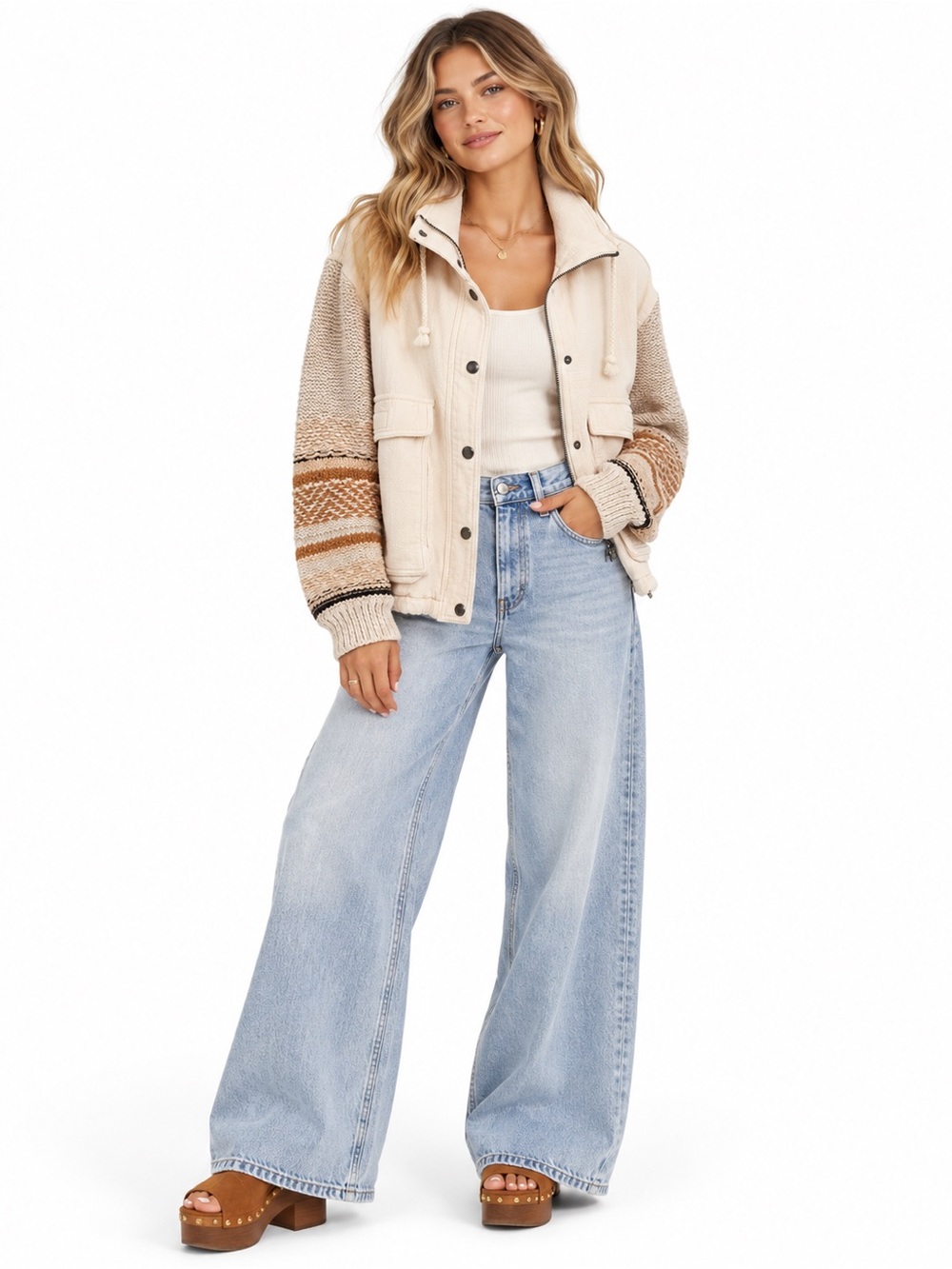 Saltwater Luxe Cream Knit Sleeve Utility Jacket Medium Boho Western Coastal
